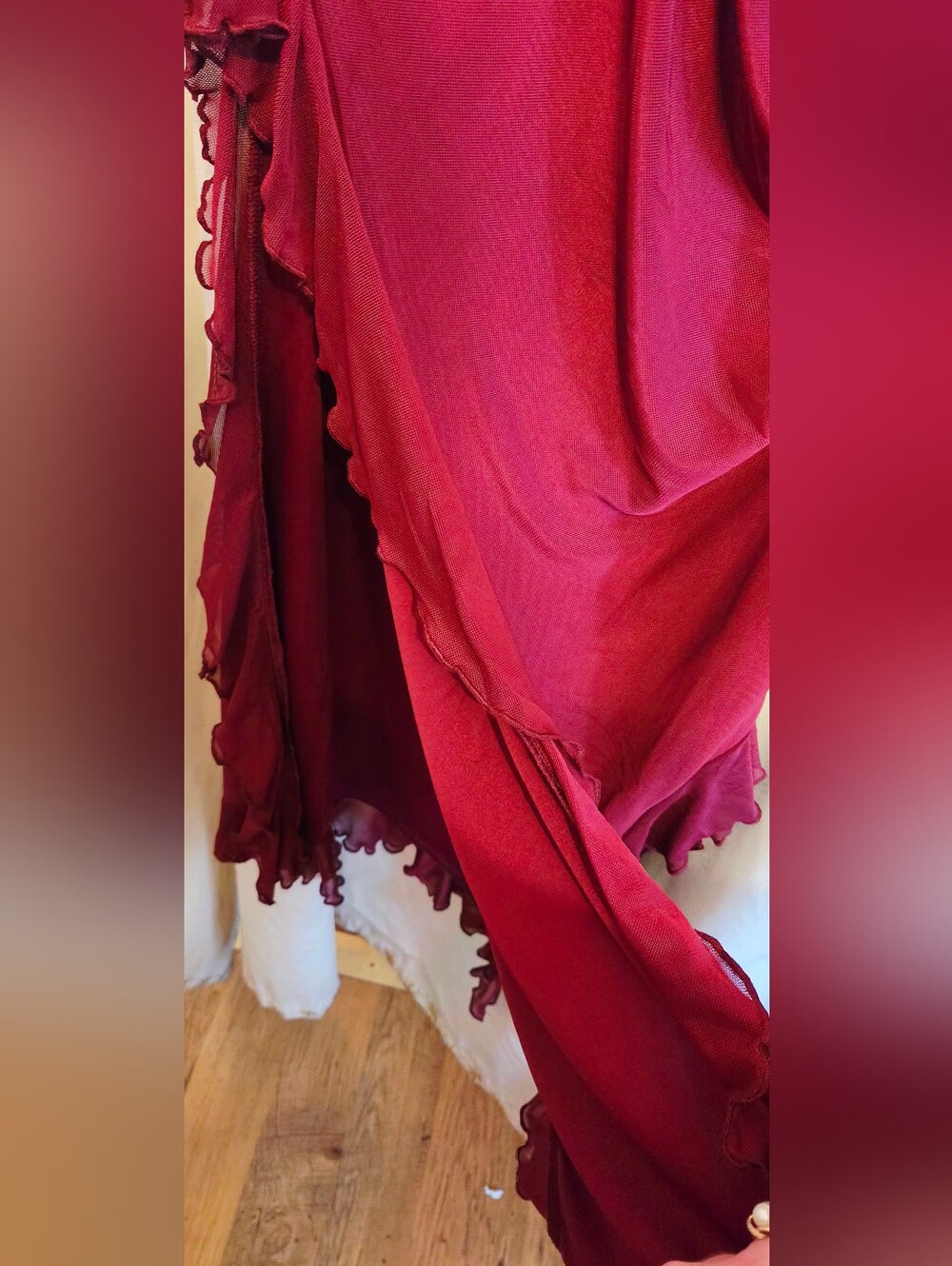 One-Shoulder Wine Ruffle-Slit Maxi Dress - Picture 4 of 6